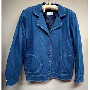 Vintage Three Flaggs Womens Denim Blazer Jacket Size L/XL Blue Casual Buttons